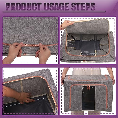 Swpeet 2 Pack Dark Grey 66L Approx 19.7"×15.7"×13.0" Metal Frame Stackable Closet, Foldable Storage Bins, Cloth Storage Bag Organizer with Carrying Handles, Clear Window, 2 Open Window, Double Zipper