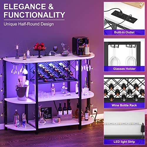 Unikito Bar Table Cabinet with Charging Station,Wine Rack Table with LED Light and Storage, Freestanding Floor Bar Cabinet for Liquor and Glasses for Home Kitchen Dining Room, White