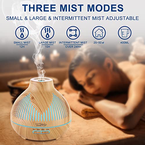 SISETOP Oil Diffuser, 400ML Essential Oil Diffuser, 6 in 1 Diffuser & Humidifier with 3 Mist Modes & 5 Timers, Intermittent Mode Up to 24H+, 14 Colors Mood Light, 5 Layer Safety Protection, BPA Free for Baby, Kids, Bedroom, Yoga, Gift Set