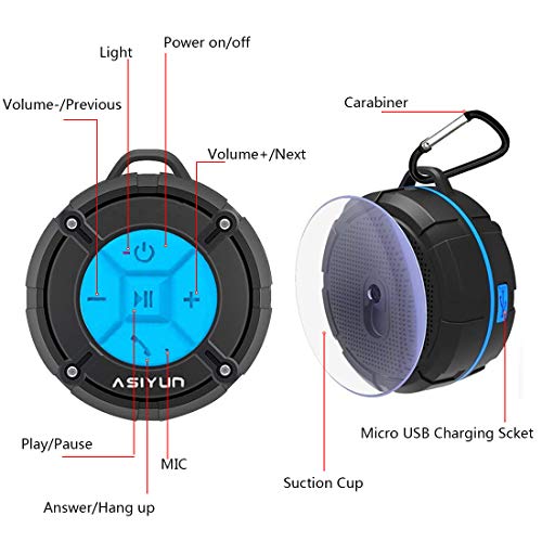 [Updated Version] Portable Shower Speaker, ASIYUN Waterproof Wireless Speaker with IPX7 HD Sound, Suction Cup, Speakers Built-in Mic, Hands-Free Speakerphone for iPhone, iPad and Android Phones(Blue)