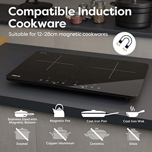 CIARRA CUTIH2 Portable Induction Hob 13 Amp Plug 2800W Double Cooking Zones with Touch Control Ceramic Glass Panel 9 Power Levels 3 Hours Timer Child Safety Lock Black