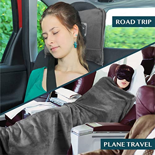 PAVILIA Travel Blanket Pillow in Soft Bag with Pockets, Airplane Blanket Set, Plane Blanket Compact Packable, Flight Essentials Car Pillow, Travelers Accessories Gifts, Luggage Strap, Grey