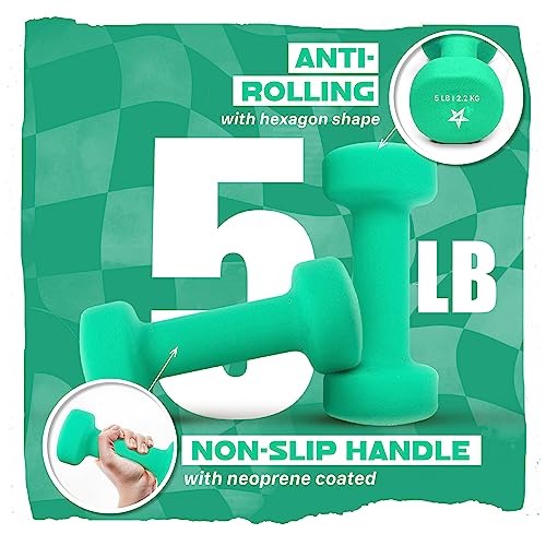 Yes4All Neoprene Dumbbells Set of 1-Pair: 5 lbs (10 lbs Total) - ²DXD3Z, B1-Dark Green-5 lbs (Pair)