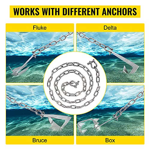 VEVOR Anchor Chain, 10 ft x 5/16 in 316 Stainless Steel Chain, 3/8" Anchor Chain Shackle, 7120lbs Anchor Lead Chain Breaking Load, 9460lbs Anchor Chain Shackle Breaking Load, Anchor Chain for Boats