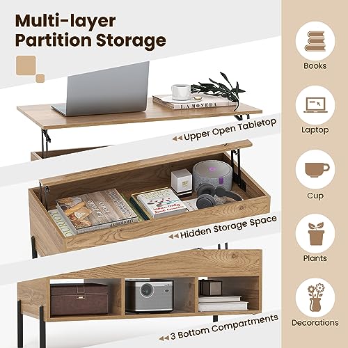 Giantex Lift Top Coffee Table, Rising Center Table with Large Hidden Compartment, Lifting Tabletop and 3 Open Cubbies, Cocktail Snack Table with Large Storage, Modern Living Room Table, Natural