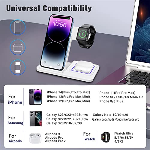 Wireless Charger 3 in 1 Wireless Charging Station Compatible with iWatch 9/Ultra/8/7/SE/6/5/4/3/2, Air Pod3/pro,iPhone 14 13 12 11 15 pro (max),Samsung Galaxy Z Flip/Z Fold/S23/S22 Note20/Galaxy Buds