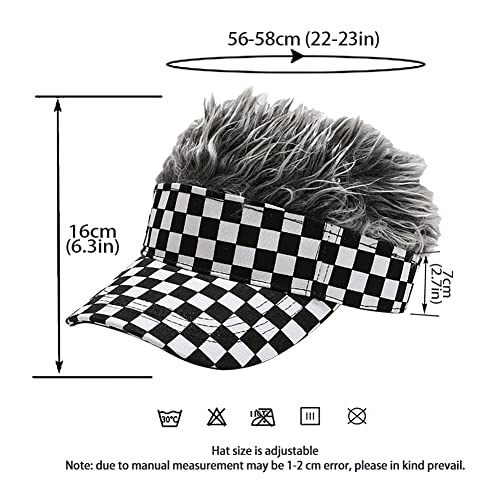 Malaxlx Unisex Checkered Print Sun Visors Hat with Grey Fake Spiked Hair Novelty Wig Adjustable Baseball Cap Golf Hat