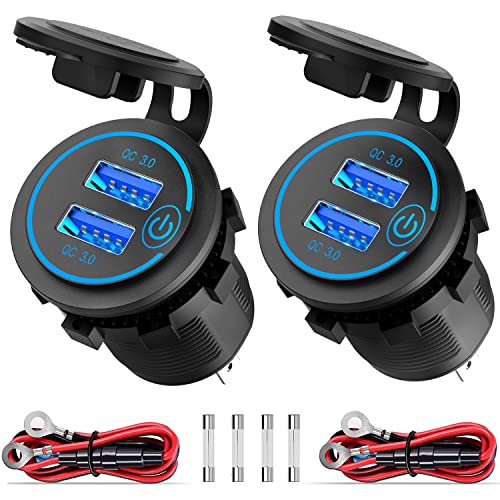 [2 Pack] 12V USB Outlet, Quick Charge 3.0 Dual USB Power Outlet with Touch Switch, Waterproof 12V/24V Fast Charge USB Charger Socket DIY Kit for Car Boat Marine Bus Truck Golf Cart RV Motorcycle, etc.