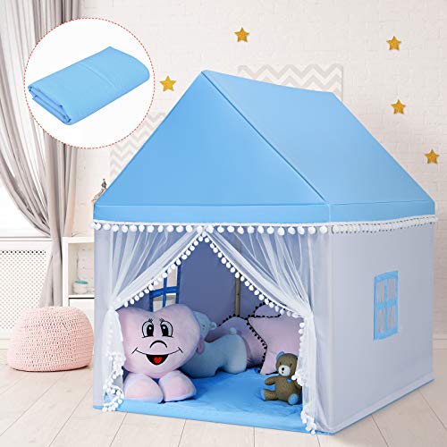 BABY JOY Kids Play Tent, Children Play House w/Solid Wood Frame & Cotton Mat, Indoor Princess/Prince Castle Playhouse for Children Boys & Girls Gift, 105x120x140cm (Blue)