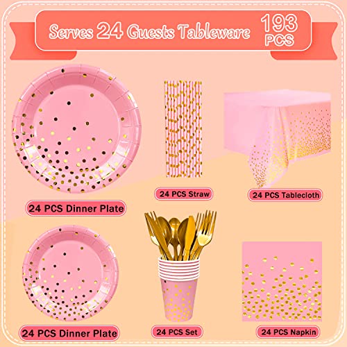 Pink & Gold Party Tableware Set, 193pcs Pink Dot Tableware Set - Pink and Gold Paper Plates Cups Napkins & Pink Gold Polka Dot Tablecloth etc Pink and Gold Party Supplies Tableware