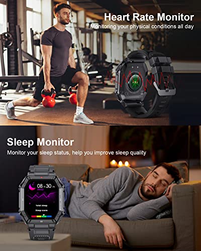 LIGE Military Smart Watches for Men,5ATM Waterproof Outdoors Tactics Sport Fitness Activity Tracker Watch, 1.85'' HD Blood Pressure/Heart Rate Monitor SmartWatches Compatible with iOS and Android