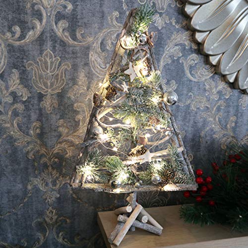 SHATCHI Christmas Pre-Lit Warm White LED Frame Tabletop Centrepiece Decoration with Pinecones and Baubles Holiday Home Décor Star/Rectangle, Wood, Wooden Tree, 48 X 28 CM