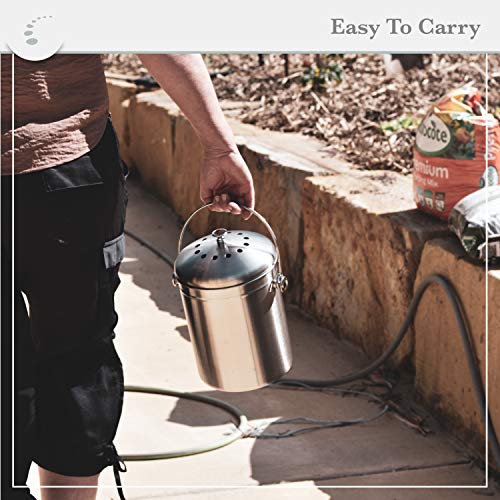 Zenify Earth Stainless Steel Compost Bin Kitchen Countertop 5L - Odourless Double Charcoal Caddy - Australian Owned