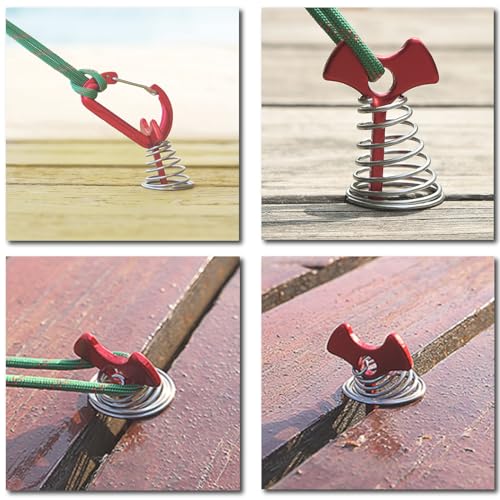 TRIWONDER 6pcs Deck Plank Board Tent Stakes Aluminum Spring Anchor Fishbone Guyline Cord Adjuster Tent Pegs with Carabiners for Outdoor Camping Hiking (Long Red Spring Nails + Carabiners)