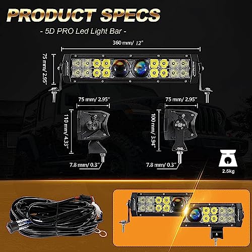 Auxbeam 12 Inch LED Light Bar 100W 12000LM Waterproof Dual Row LED Bar Lights Spot Flood Combo Off Road Lights LED Driving Work Lamp 5D PRO Lens with Wiring Harness for Cars Trucks Jeep ATV UTV Boats