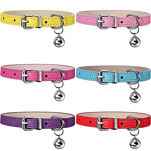 6 Pieces Leather Pet Cat Collars with Bell Soft Adjustable Leather Kitten Collars Cute Pet Collars for Small Cat Kitten Puppy (Classic Color)