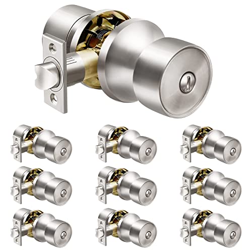 [10 Pack] BESTTEN Privacy Door Knobs with Removable Latch Plate, Geneva Series Interior Keyless Doorknobs for Bedroom or Bathroom, All Metal, Satin Nickel