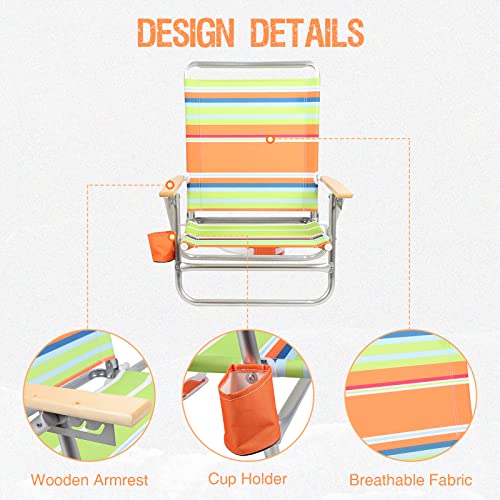 PORTAL Aluminum Lightweight 4-Way Hi Back Folding Beach Chair, Classic Wood Handle Camp Chair with Cup Holder and Padded Carry Shoulder Strap