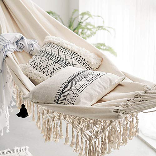 Macrame Cotton Camping Boho Hammock Woven Hanging Rope Chair Porch Swing with Crochet Fringe for Balcony Backyard Patio Garden Pool Outdoor and Indoor Natural White