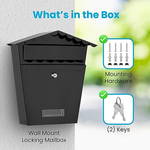 SereneLife Outdoor Wall Mount Lockable Mailbox - Made from Galvanized Metal - Great for Commercial, Rural, Home & Office Use - Easy to Install lockbox with a Slot Secure Lock - Includes 2 keys - Black