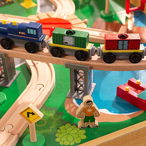 KidKraft Adventure Town Wooden Train Table with Storage Boxes, Train Track Set with Wooden Toy Cars, Crane, Helicopter, Airplane and Accessories Included, Kids’ Toys, 18025