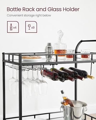 VASAGLE Bar Cart Black, Home Bar Serving Cart, Wine Cart with 2 Mirrored Shelves, Wine Holders, Glass Holders, for Kitchen, Dining Room, Black ULRC090B62