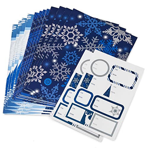 Hallmark Flat Christmas Wrapping Paper Sheets with Cutlines on Reverse and Gift Tag Seals (12 Folded Sheets, 16 Gift Tag Stickers) Blue and Silver Snowflakes, Deer Forest Scene, Blue Tartan Plaid