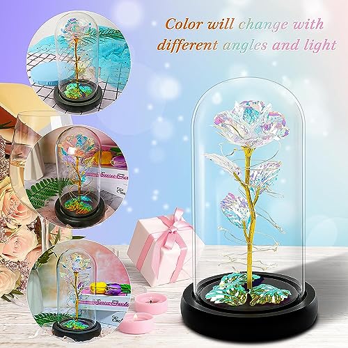Glass Preserved Eternal Rose, Birthday Gifts for Her Women Gold Foil Artificial Rose with DIY Led Light, Beauty and The Beast Dome, Mother's Day Valentine's Mom Gift from Daughter, TOJUNE (Colorful)
