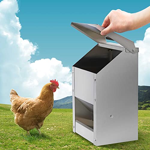 ZHEQOGZH Stainless Steel Hanging Chicken Feeder with Lid No Waste Weatherproof Metal Automatic Poultry Feeder Wall Mount Outdoor Chicken Coop Food Dispenser Feeder for Chickens Ducks (10Lbs)