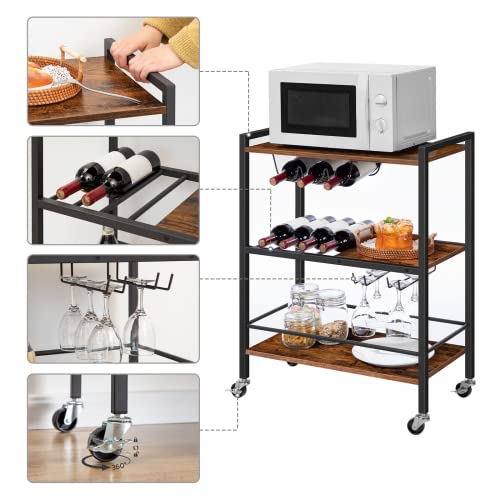 Bar Cart, 3-Tier Serving Wine Cart, Kitchen Cart with Wine Rack and Cup Holder, with Freely Rotating and Lockable Wheels, Bar Carts for The Home,Dining Rooms, Living Room, Garden, Party, Bar