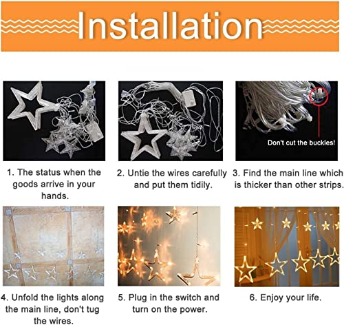 Quntis Fairy Curtain Lights -138 LEDs 12 Star String Lights 8 Mode Outdoor Indoor Plug in Window Fairy Lights Waterfall Backdrop for Bedroom Wedding Party Wall Decor, Warm White