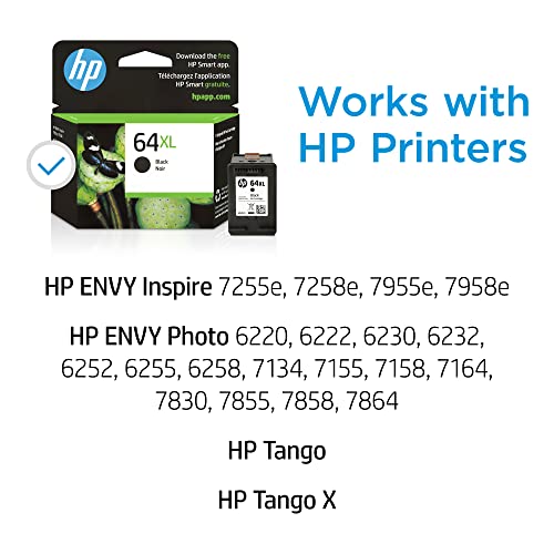 HP 64XL | Ink Cartridge | Black | Works with HP Envy Photo 6200 Series, 7100 Series, 7800 Series, HP Tango and HP Tango X | N9J92AN