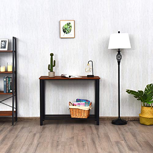 Giantex Console Table with 2 Levels, Hallway Table with Non-Slip Adjustable Foot Pads, Side Table with Grid Shelf, Made of Wood & Metal, Industrial Design, for Hallway Entryway Living Room