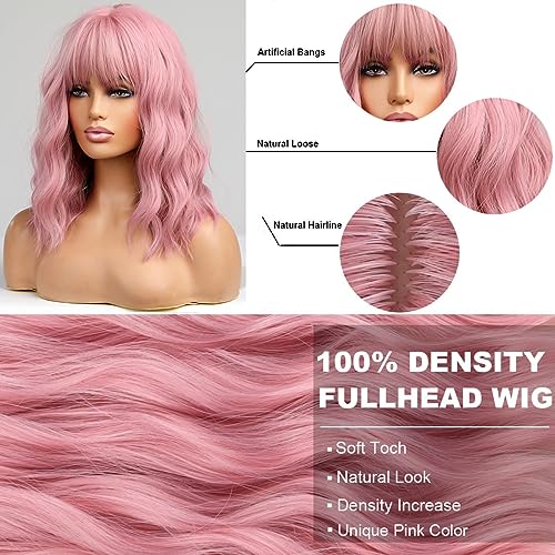 BERON 14 Inches Women Girls Short Curly Synthetic Wig with Bangs Lovely Pink