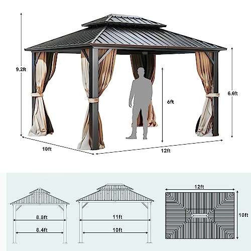 YITAHOME 10x12 ft Double Roof Canopy Gazebo with Netting and Shaded Curtains, Outdoor Gazebo 2-Tier Hardtop Galvanized Iron Aluminum Frame Garden Tent for Patio, Backyard, Deck and Lawns