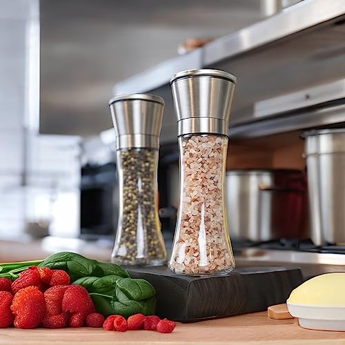 Ausgen Salt and Pepper Grinder Set Pack of 2 - Premium Stainless Steel Salt and Pepper Mill with Glass Body and Adjustable Coarseness - Large Size Spice Shaker with Cleaning Brush