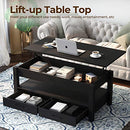 Rolanstar Coffee Table, Lift Top Coffee Table with Drawers and Hidden Compartment, Retro Central Table with Wooden Lift Tabletop, for Living Room, Black