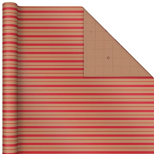 Hallmark Recyclable Christmas Wrapping Paper with Cut Lines on Reverse (3 Rolls: 90 sq. ft. ttl) Kraft Brown with Santas, Green Trees, Red Stripes, 0005JXW1050