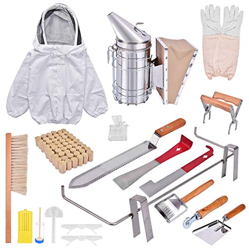 Time wave 19 Pcs Beekeeping Supplies Tools Kit for Beekeeper Necessary Bee Hive Supplies, Professional Beekeeping Starter Tool Kit with Large Jacket, Beehive Kit, Bee Smoker Kit, Hive Tools