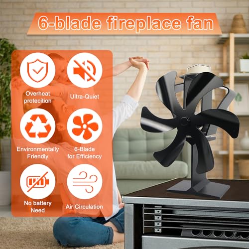 Tomersun Wood Stove Fan Heat Powered 6 Blades Wood Burning Stove Accessories Heat Fan for Wood Stove