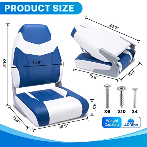 Dreizack High Back Boat Seat,Folding Boat Seat,2 Pack,deluxe,universal size,mounting screws included (Blue White)