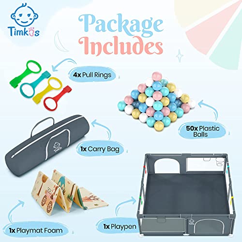 Baby Playpen with Mat 180×150cm, Baby Play Pen Extra-Large Playpens Play Mat with 50 Balls Pit, 4X Handlers, Baby Playmat, Basket Net for Toddler Babies with Breathable Mesh, Christmas Gifts