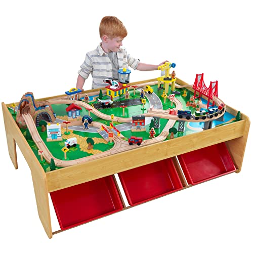 KidKraft Waterfall Mountain Wooden Train Table with Storage Boxes, Train Track Set with Wooden Toy Cars, Crane, Helicopter, Airplane and Accessories Included, Kids’ Toys, 17850