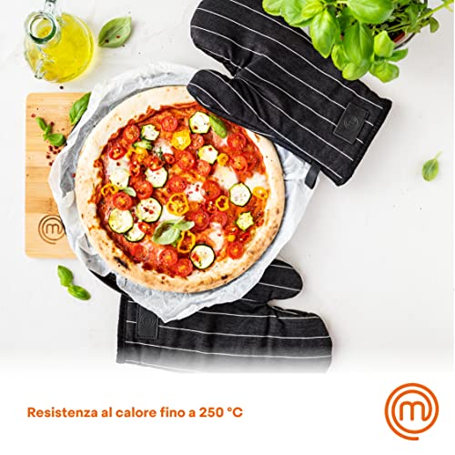MasterChef Oven Mitts Heat Resistant, Pair of 2 Cooking Gloves, Cotton Oven Mittens, Kitchen Gloves With Vegan PU Leather Logo & Hanging Loop, Machine Washable, Black, One Size Fits All