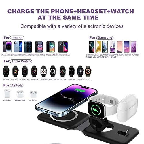 𝑼𝒑𝒈𝒓𝒂𝒅𝒆 Foldable Magnetic Wireless Charger 3 in 1,Fast Wireless Charging Pad,VNBBT 15W Charging Station for iPhone 15/15 Pro Max/15 pro/14/13/12,AirPods Pro,Apple Watch 9/8/7/6/5/4,Black