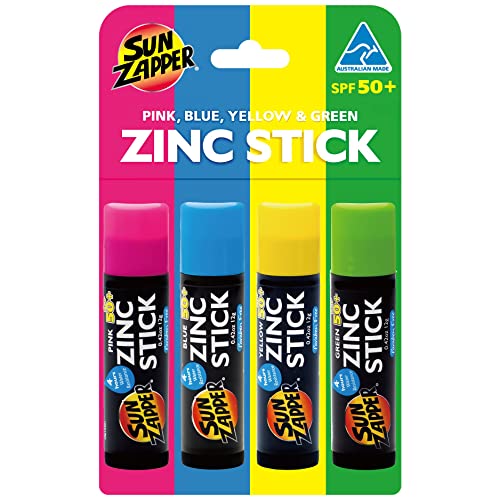 Sun Zapper SPF 50+ Zinc Stick Mineral Sunscreen 12 g (Pack of 4), Pink/Blue/Yellow/Green