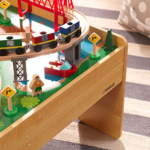 KidKraft Adventure Town Wooden Train Table with Storage Boxes, Train Track Set with Wooden Toy Cars, Crane, Helicopter, Airplane and Accessories Included, Kids’ Toys, 18025