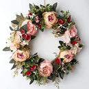 Door Wreath Floral Wreath Fake Flowers 15" Artificial Peony Wreath with Green Leaves Handmade for Farmhouse Welcome Door Wall Home Decor Office Pink