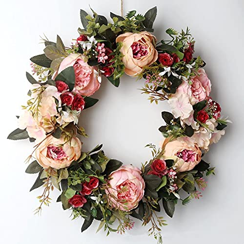 Door Wreath Floral Wreath Fake Flowers 15" Artificial Peony Wreath with Green Leaves Handmade for Farmhouse Welcome Door Wall Home Decor Office Pink