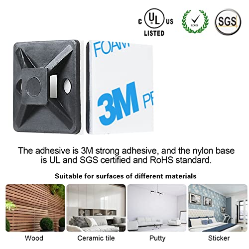 XHF 3/4" Strong Cable Zip Tie Mounts whih Cable Ties, Self Adhesive Wire Cable Clips Organizer Holders Black 100 PCS